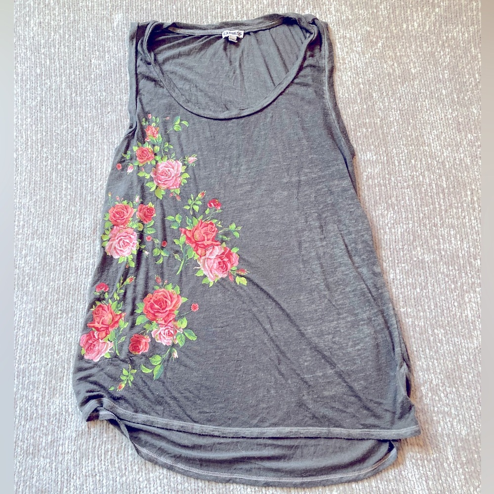 Express Muscle Tank Roses Floral Rhinestone‎ 90s Y2K Fairy Goth Lightweight M